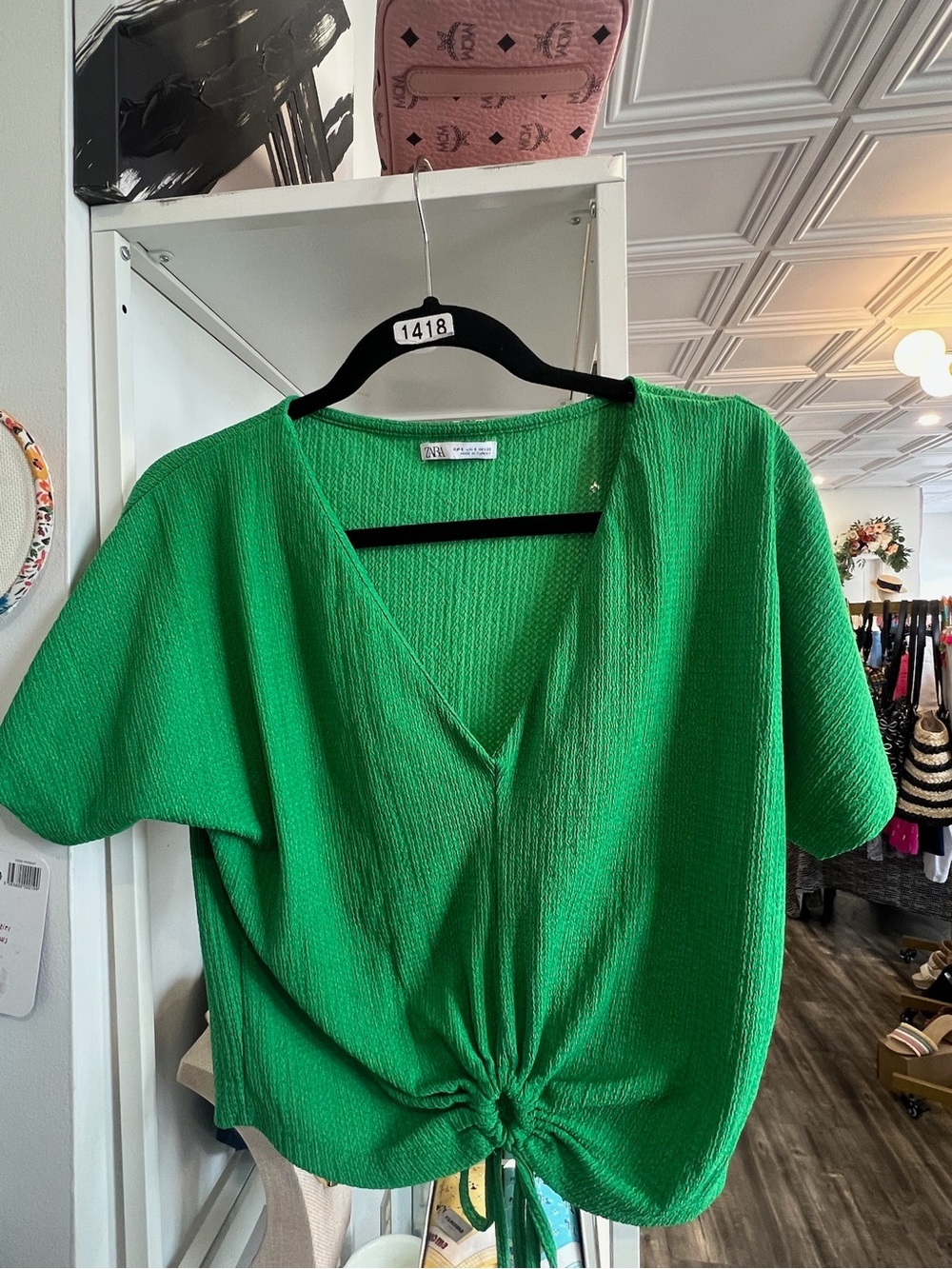 Zara Bright Green V‑Neck Knot Front Short Sleeve Top